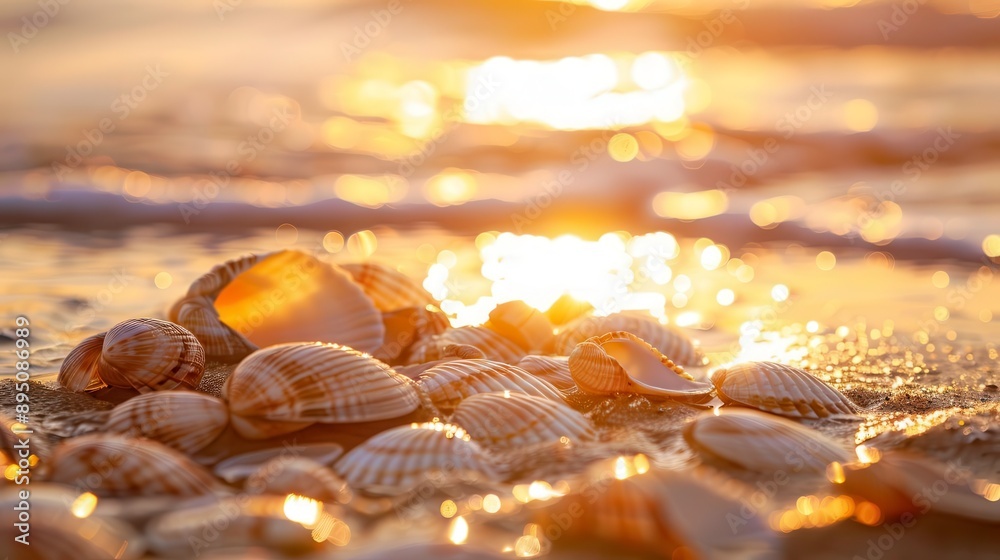 A serene view of sunlit seashells scattered on the sandy beach, capturing the beauty of nature and the tranquility of the ocean. A serene view of sunlit seashells scattered on the sandy beach, capturing the beauty of nature and the tranquility of the ocean.