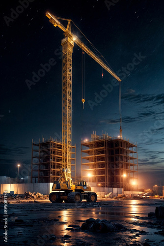 Night urban scene of construction site with cranes and light flare at night background. Backdrop for industrial style, building. Concept of architecture and construction business. Copy ad text space photo