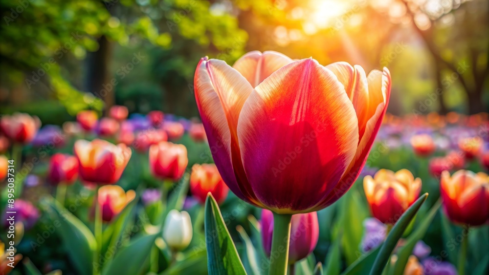 A Single Tulip in a Field of Color, Close-up of a Red and Yellow Tulip with a Soft Focus Background, Photograph, Spring Flowers, Tulip, Garden, Nature A Single Tulip in a Field of Color, Close-up of a Red and Yellow Tulip with a Soft Focus Background, Photograph, Spring Flowers, Tulip, Garden, Nature