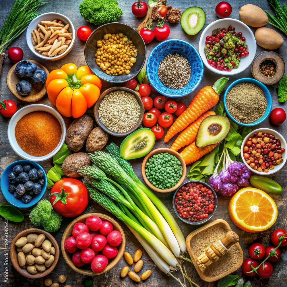 A Vibrant Still Life of Fresh Produce and Seeds, Composed in a Top-Down View, Featuring a Variety of Colors and Textures, Healthy Eating, Superfoods, Food Photography, Nutrition A Vibrant Still Life of Fresh Produce and Seeds, Composed in a Top-Down View, Featuring a Variety of Colors and Textures, Healthy Eating, Superfoods, Food Photography, Nutrition