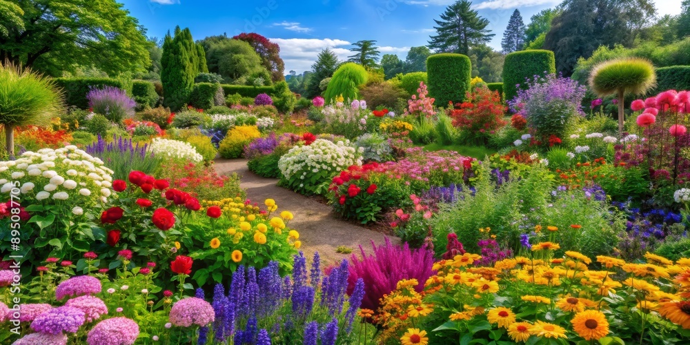 A Walk Through a Vibrant Garden, Wide Perspective, Colorful Blooms, Sunlit Pathway, Lush Greenery, Garden, Flowers A Walk Through a Vibrant Garden, Wide Perspective, Colorful Blooms, Sunlit Pathway, Lush Greenery, Garden, Flowers