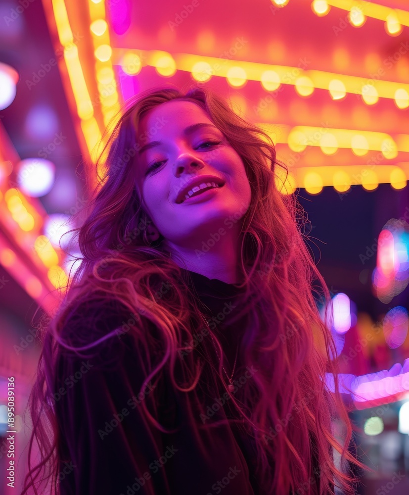 Woman Smiling Under Neon Lights Woman Smiling Under Neon Lights