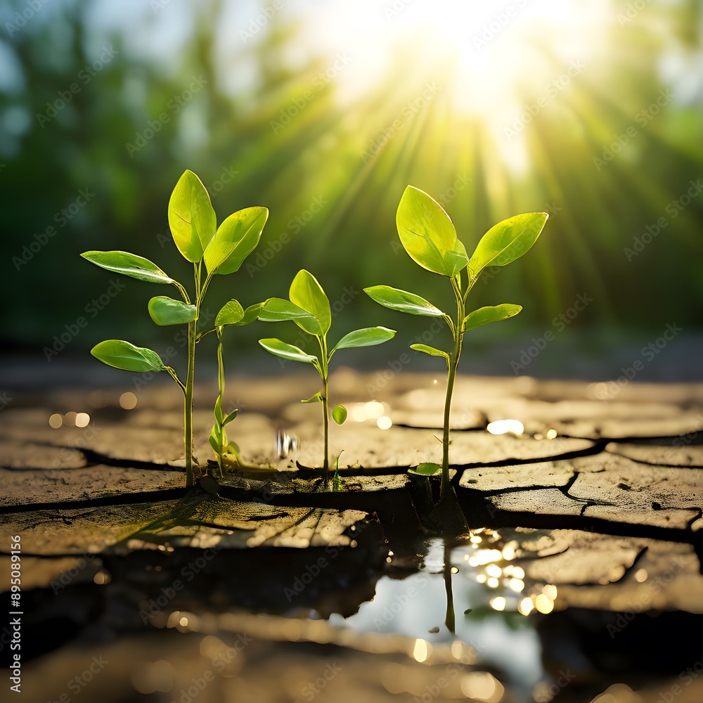 Seedlings growing in wet patch of cracked surface in sunlight, Climate change, environment protection concept Seedlings growing in wet patch of cracked surface in sunlight, Climate change, environment protection concept