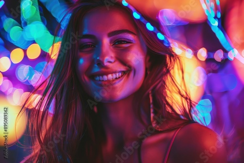 Woman Smiling at Night Under Neon Lights