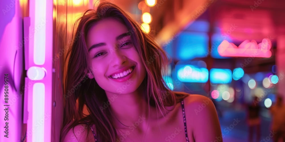 Woman Smiling in Neon Light Woman Smiling in Neon Light