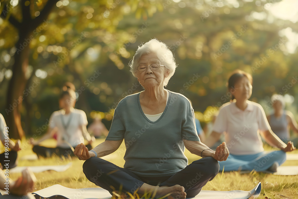 Senior citizens practicing yoga in a serene park setting, emphasizing the importance of maintaining flexibility and health in later years. The scene showcases elderly individuals in various yoga poses Senior citizens practicing yoga in a serene park setting, emphasizing the importance of maintaining flexibility and health in later years. The scene showcases elderly individuals in various yoga poses