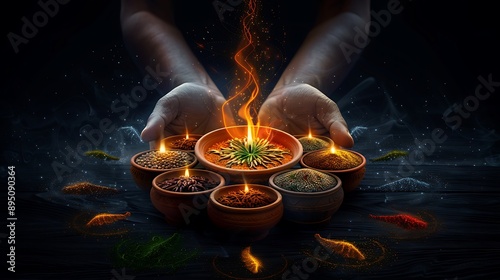 A vibrant photorealistic image of a Hindu priest performing aarti during Navaratri Day with nine clay pots containing sprouted grains arranged in a mandala pattern. photo