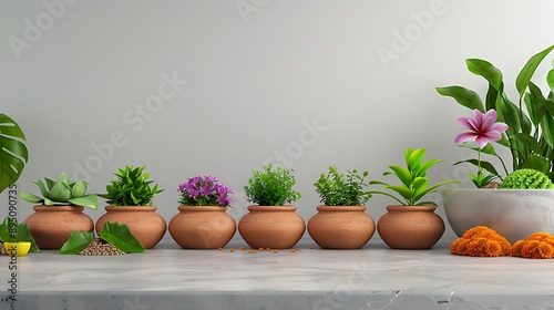 A vibrant photorealistic image of a beautifully decorated puja mandap for Navaratri Day. The focal point is a display of nine clay pots overflowing with healthy green seedlings. photo