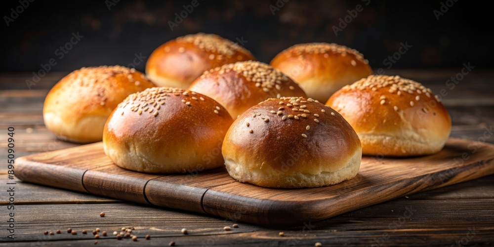 Close-up of Freshly Baked Sesame Seed Burger Buns on a Wooden Cutting Board, Bread, Bakery, Food, Delicious , burger, bun Close-up of Freshly Baked Sesame Seed Burger Buns on a Wooden Cutting Board, Bread, Bakery, Food, Delicious , burger, bun