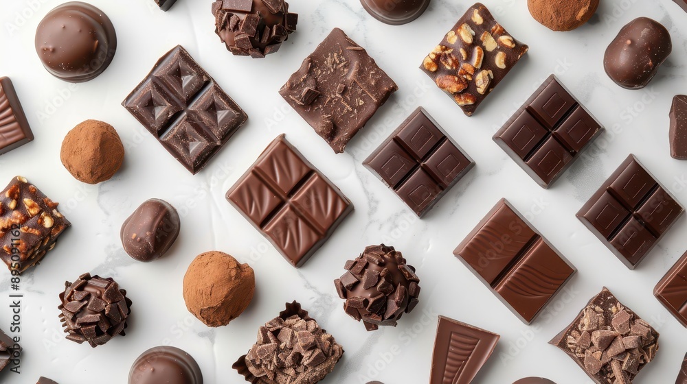 Assorted chocolate truffles and pralines in a neat row on a white marble background, isolated on white, showcasing their elegant designs. Assorted chocolate truffles and pralines in a neat row on a white marble background, isolated on white, showcasing their elegant designs.
