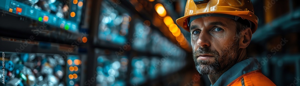 Worker in hard hat monitoring recycling data on screens, sorting plastic waste, dim lighting Worker in hard hat monitoring recycling data on screens, sorting plastic waste, dim lighting