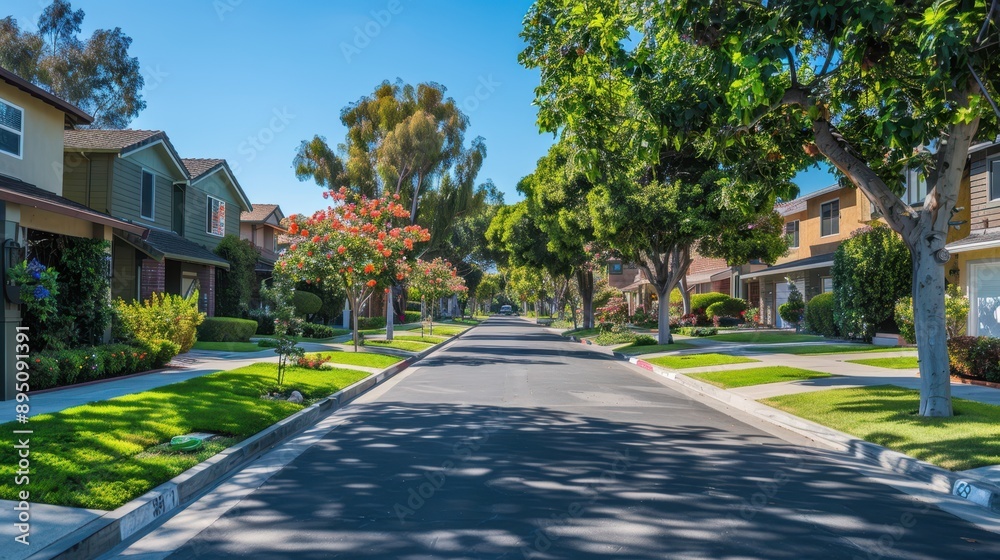 Lush residential street with green trees lining the road, presenting a peaceful suburban atmosphere. Lush residential street with green trees lining the road, presenting a peaceful suburban atmosphere.