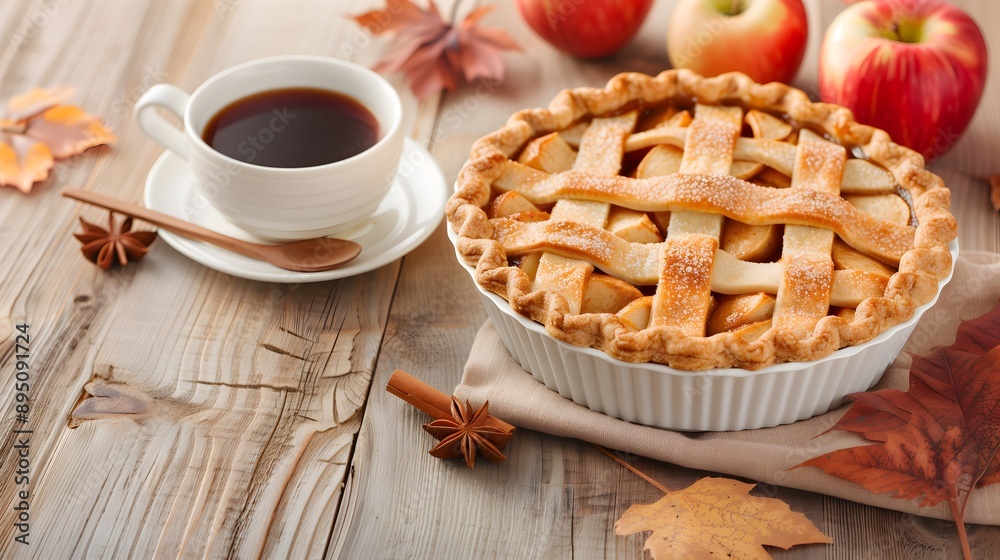 Fototapeta premium Classic Apple Pie Lattice Crust Topping Coffee Fall Autumn Theme