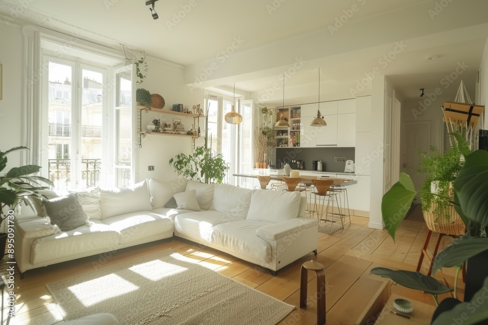 interior of modern living room with white sofa, coffee table and plants interior of modern living room with white sofa, coffee table and plants