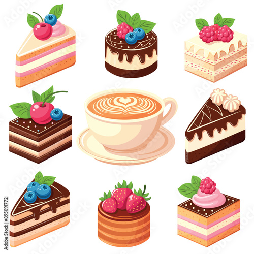 A set of nine different types of cakes and a cup of coffee. The cakes are arranged in a row, with some of them having blueberries and strawberries on top
