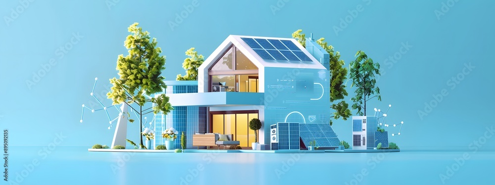 Eco-friendly house with solar panels on the roof, surrounded by digital graphs and energy data visualizations. The scene is set against a light blue background to emphasize modernity and technology