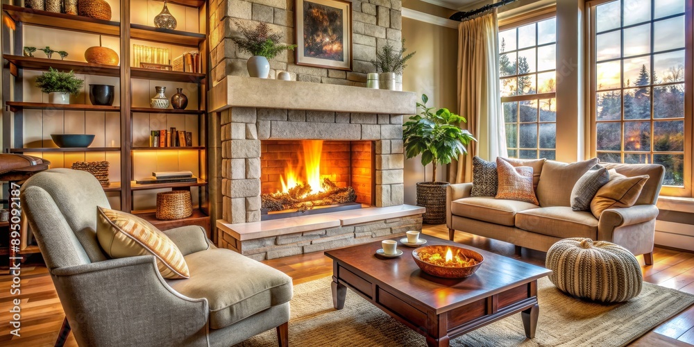 Cozy Living Room with Stone Fireplace and Sunset View, Interior Design, Home Decor, Fireplace, Living Room, Sunset