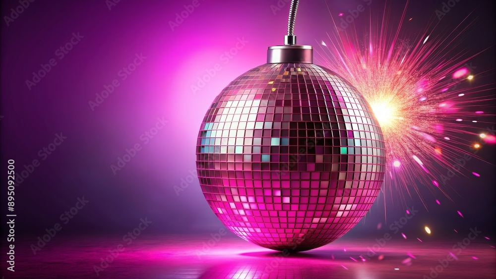 Fototapeta premium Disco Bomb Explosion - Pink Mirrored Sphere, 3D Render, Purple Background, Party, disco ball, night club, explosion