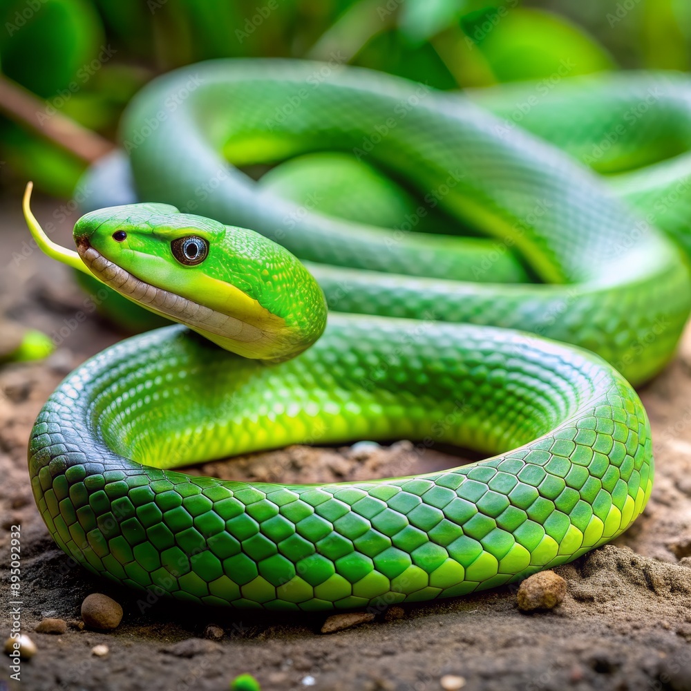 Emerald Green Snake Coiled in the Forest, Green Snake, Snake Scales, Reptilian Beauty, Nature Photography Emerald Green Snake Coiled in the Forest, Green Snake, Snake Scales, Reptilian Beauty, Nature Photography