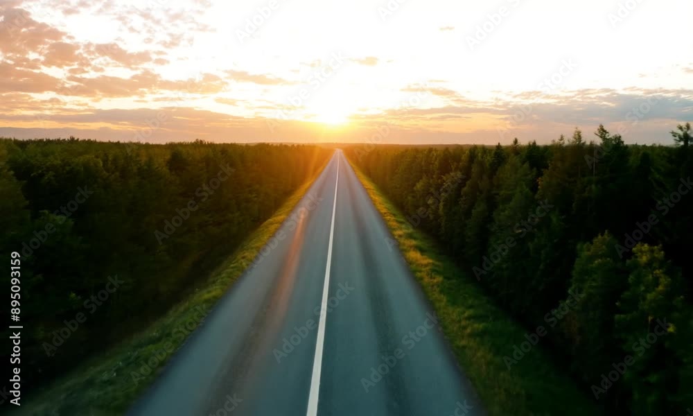 An asphalt road stretching along the horizon, surrounded by a lush, green forest. The setting sun illuminates the summer sky with clouds, creating a silent, empty landscape. An asphalt road stretching along the horizon, surrounded by a lush, green forest. The setting sun illuminates the summer sky with clouds, creating a silent, empty landscape.