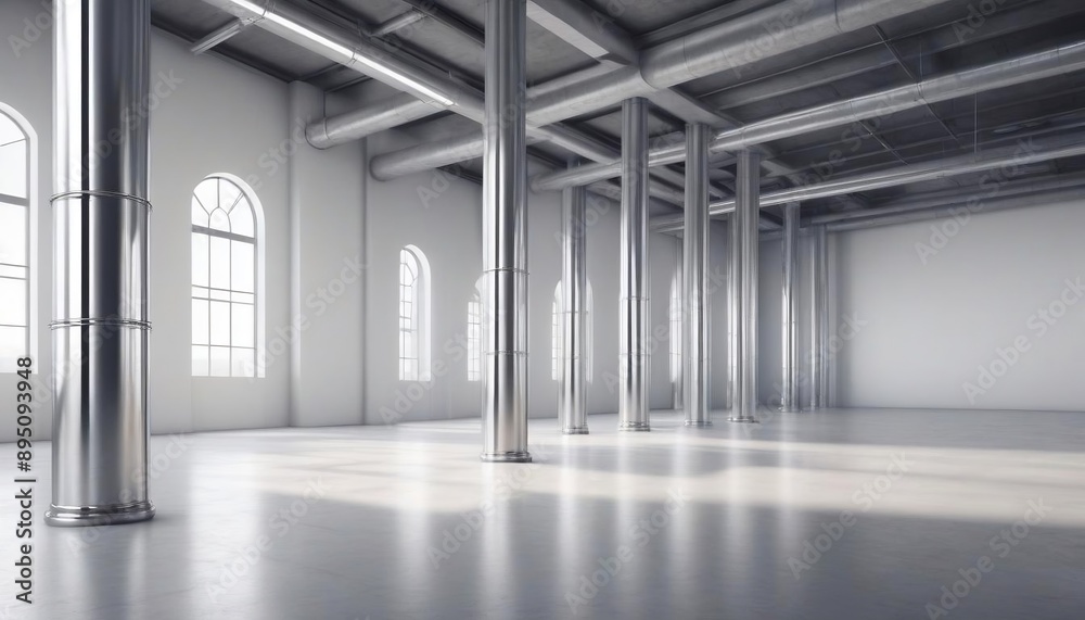 Empty modern industrial interior with metal pillars and blank white walls, in a contemporary design created with Generative AI