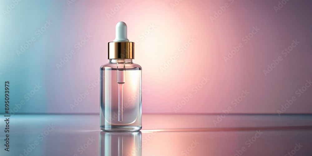 Glass Dropper Bottle with Golden Cap on a Gradient Pink and Blue Background, beauty , skincare , dropper , serum Glass Dropper Bottle with Golden Cap on a Gradient Pink and Blue Background, beauty , skincare , dropper , serum