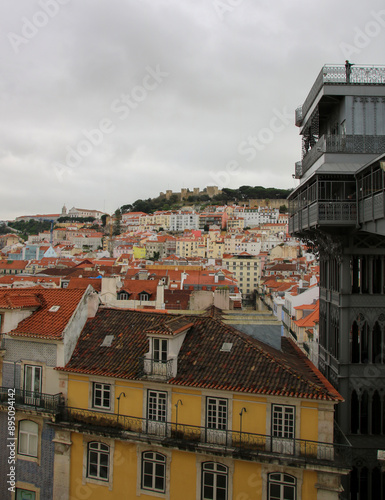 Santa Justa Lift, Cast iron elevator with watermarks built in 1902 to connect the lower streets with Plaça de Carmo. With beautiful views of the entire city Lisbon, Portugal.