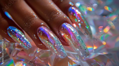 beautiful woman's hand with long acrylic nails painted in iridescent holographic silver glitter, resting on a crystal prism background, captured in high resolution photography