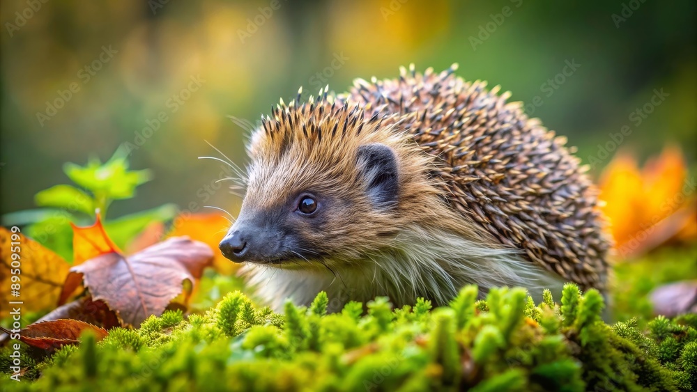 Hedgehog in Autumn Forest - Close-up Portrait with Moss, hedgehog, autumn, wildlife, nature Hedgehog in Autumn Forest - Close-up Portrait with Moss, hedgehog, autumn, wildlife, nature