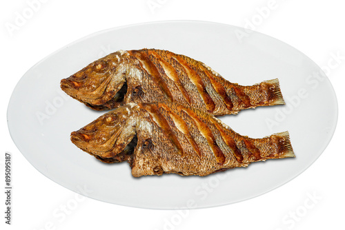 fried fish, Fried Shary Fish,  Fried fish on a plate on a White  background