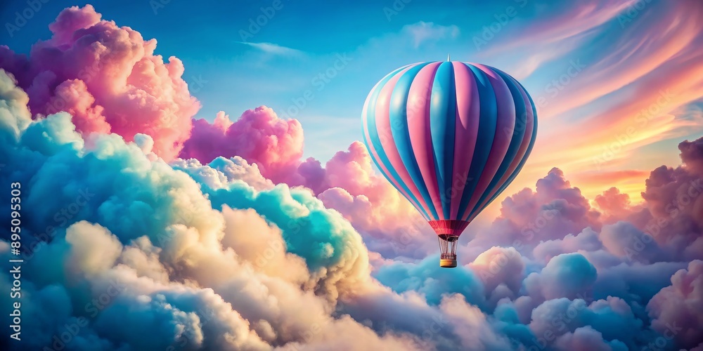 Naklejka premium Hot Air Balloon Soaring Through Dreamy Clouds, Digital Art, Colorful Sky, Hot Air Balloon, Dreamy Clouds, Digital Art, Sky