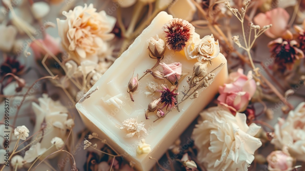 Rectangular decorative soap with embedded dried flowers surrounded by various flowers Rectangular decorative soap with embedded dried flowers surrounded by various flowers