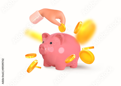 3d cartoon hand putting a coin into a pig piggy bank. Realistic vector illustration