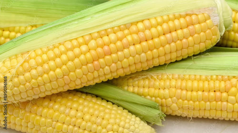 Raw organic fresh sweet yellow corn on cobs on the white table. Close-up. Raw organic fresh sweet yellow corn on cobs on the white table. Close-up.