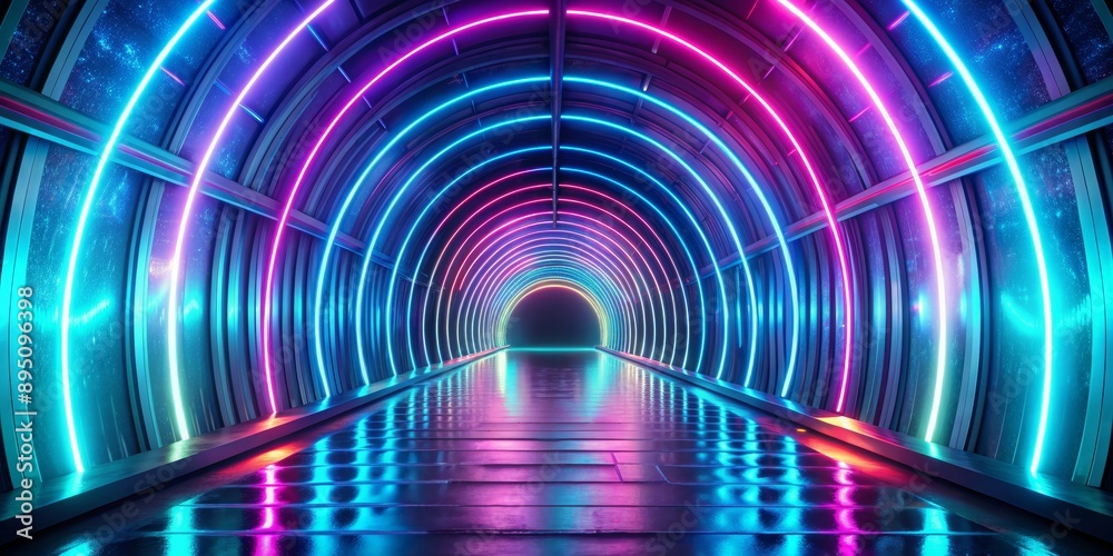 Neon Lights Reflecting in a Futuristic Tunnel, neon, futuristic, 3d rendering, sci-fi Neon Lights Reflecting in a Futuristic Tunnel, neon, futuristic, 3d rendering, sci-fi