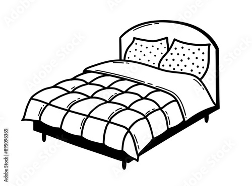 Line art vector illustration of double Bed with pillows and blanket
