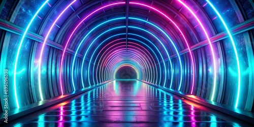 Neon Lights Reflecting in a Futuristic Tunnel, neon, futuristic, 3d rendering, sci-fi