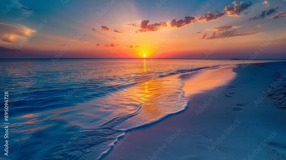 Obraz premium Stunning sunset over a tranquil beach, with vibrant colors and calm waters