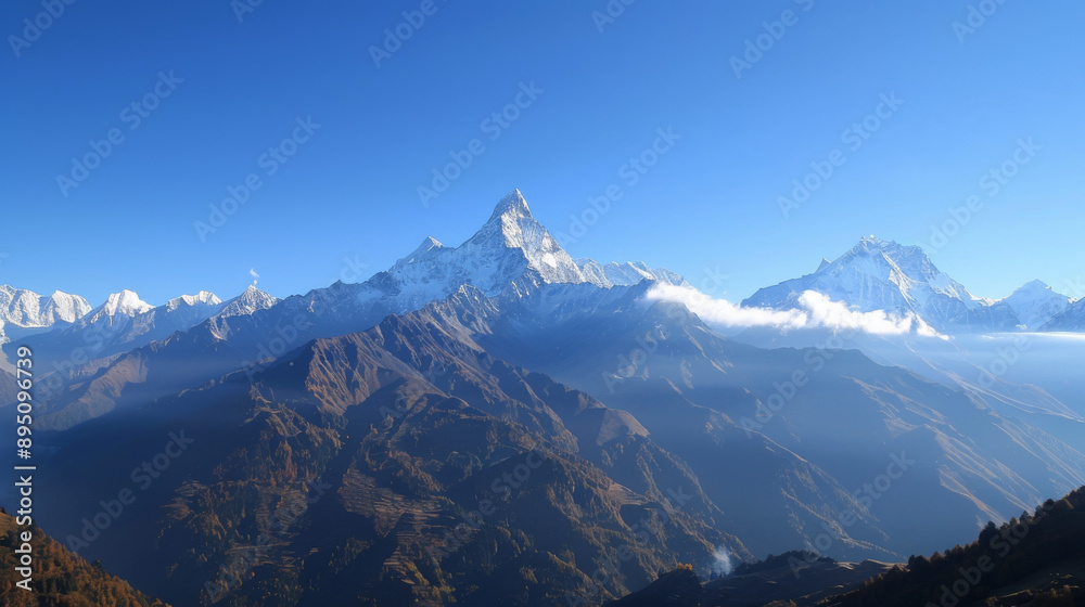 Serene mountain landscape with snow-capped peaks and a clear blue sky