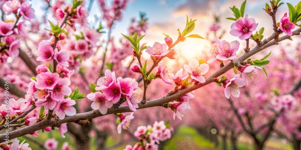 Peach Blossom Branch in Soft Sunset Light, Peach blossoms, pink flowers, springtime, nature , spring, nature Peach Blossom Branch in Soft Sunset Light, Peach blossoms, pink flowers, springtime, nature , spring, nature