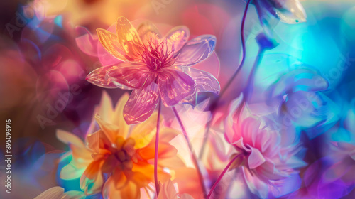 Luxurious elegant background with transparent multi-colored flowers. Banner for decoration, print, invitations, design.