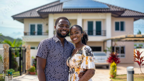 young black couple in front of their house with solar panels