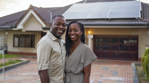 young black couple in front of their house with solar panels