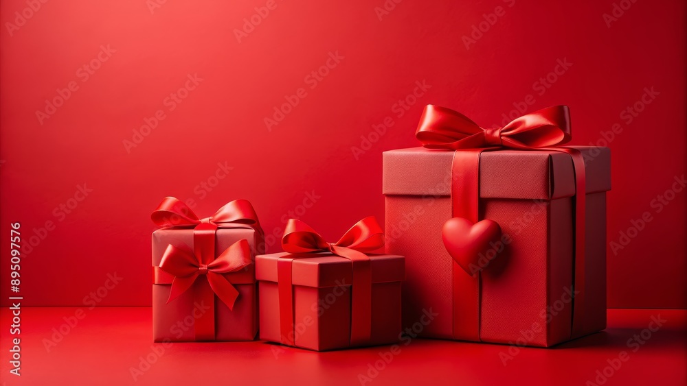 Obraz premium Red Gift Boxes with Heart on Red Background, Gift, Valentine's Day, Love, Romance