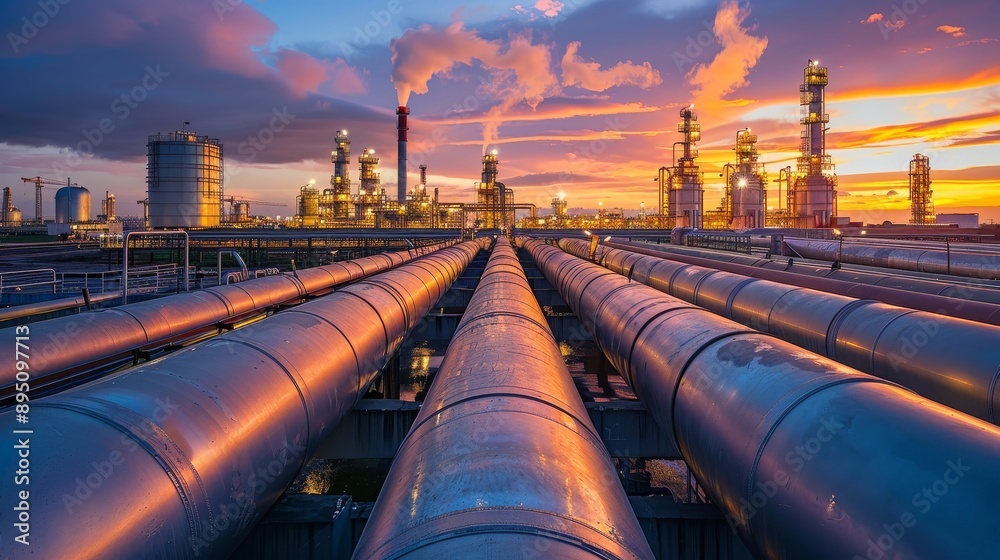 Industrial oil refinery plant with pipelines and storage tanks at sunset Industrial oil refinery plant with pipelines and storage tanks at sunset