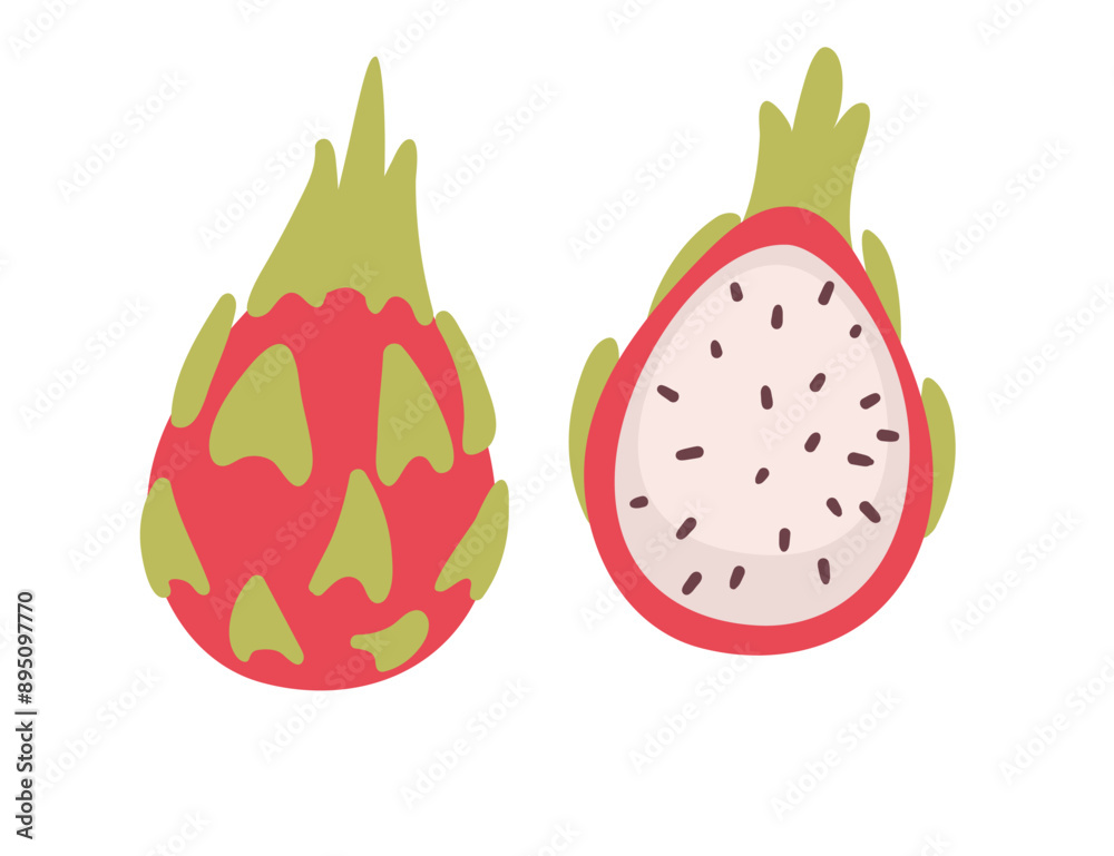 Whole and halved pitaya with black seeds. Tropical exotic red dragon fruit. Fresh ripe nutrition. Flat vector illustration isolated on white background Whole and halved pitaya with black seeds. Tropical exotic red dragon fruit. Fresh ripe nutrition. Flat vector illustration isolated on white background