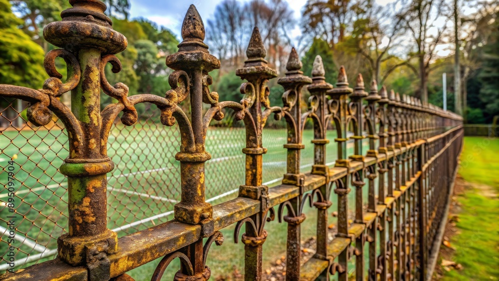 Obraz premium Rusty Iron Fence with Ornate Details, Close-Up Perspective, fence , rust , metal , detail