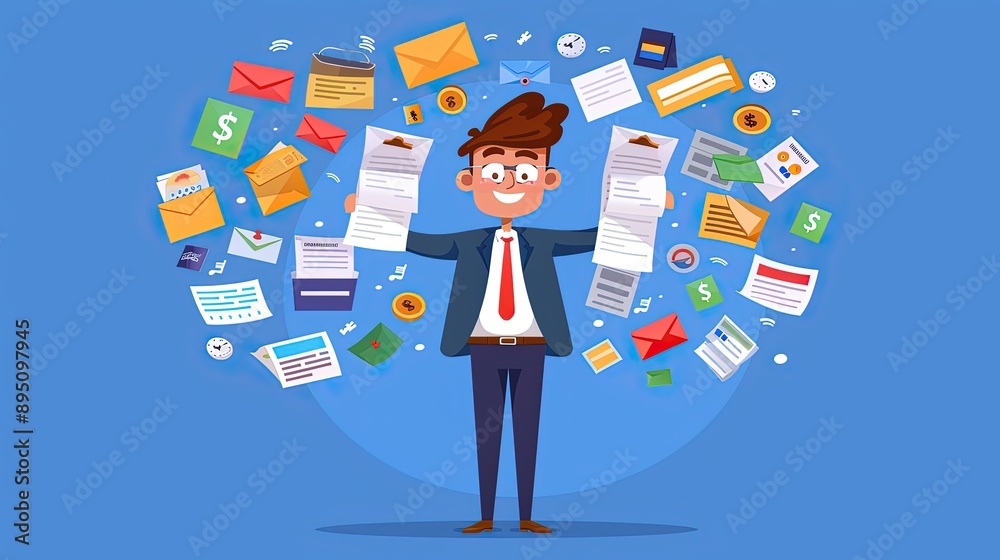 Stressed salaryman, holding past-due notices, flat design illustration Stressed salaryman, holding past-due notices, flat design illustration