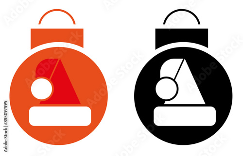 Icono de navidad. Bola de árbol de navidad con gorra de Santa Claus. Logo en color y blanco y negro