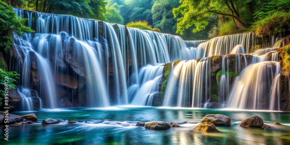 Obraz premium Serene Waterfall Cascading Through Lush Greenery, Long Exposure Photography, Water Feature, Tranquil Nature, Nature Photography, Waterfall, Green